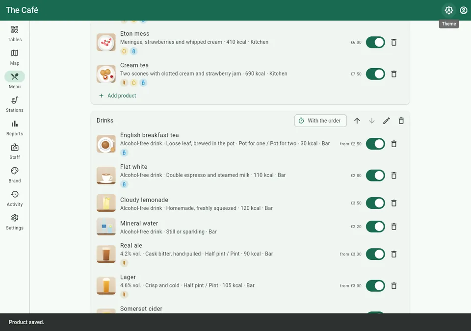 Editor de la carta en el backoffice