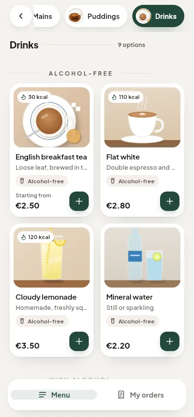 Drinks section of the menu, alcohol-free and alcoholic