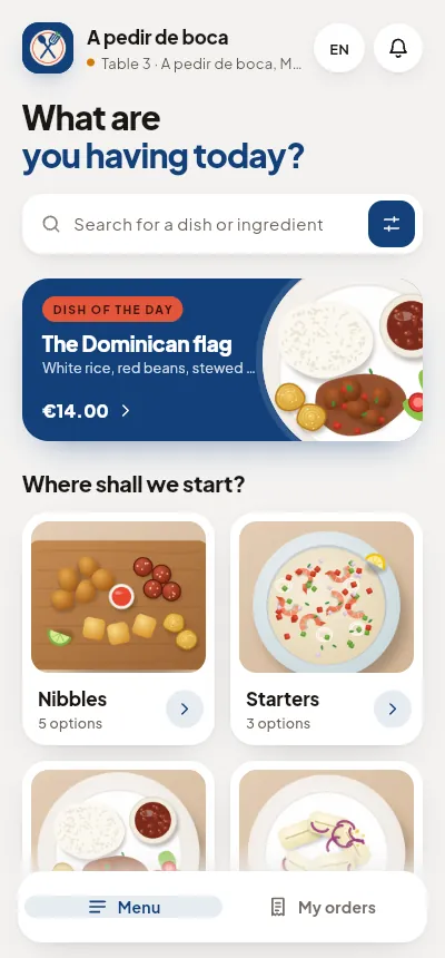 A restaurant menu on a phone, with the dish of the day and the sections