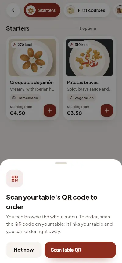 Aviso para escanear el QR de la mesa antes de pedir